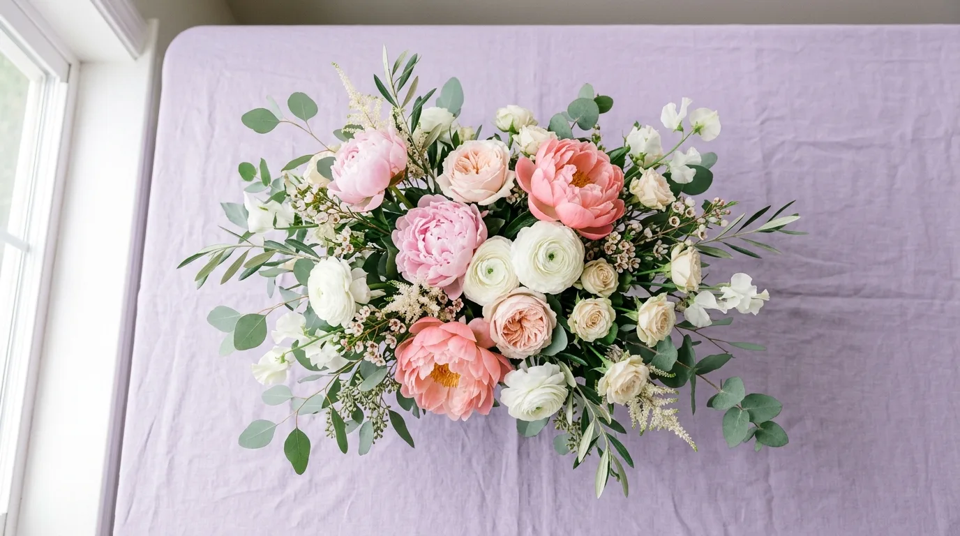 Overhead view of an arrangement of peonies, ranunculus, garden roses, and eucalyptus on lavender linen